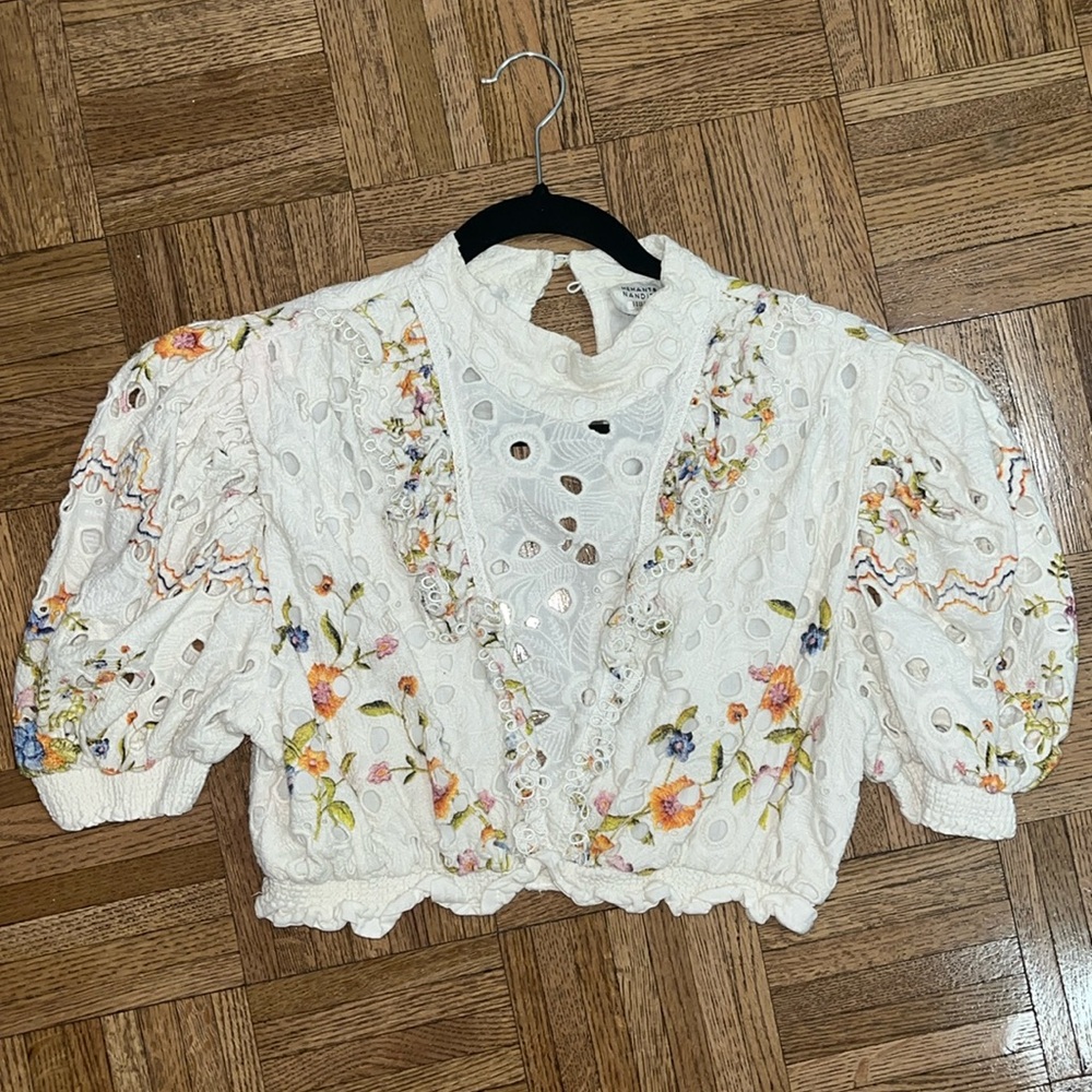 White Floral Eyelet Lace Cropped Blouse